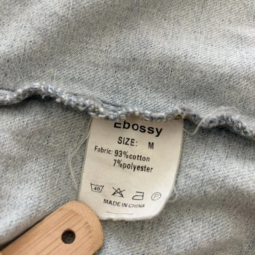 Ebossy Denim Vest Faux Pearl Womens Medium Blue Light Wash Denim Distressed
